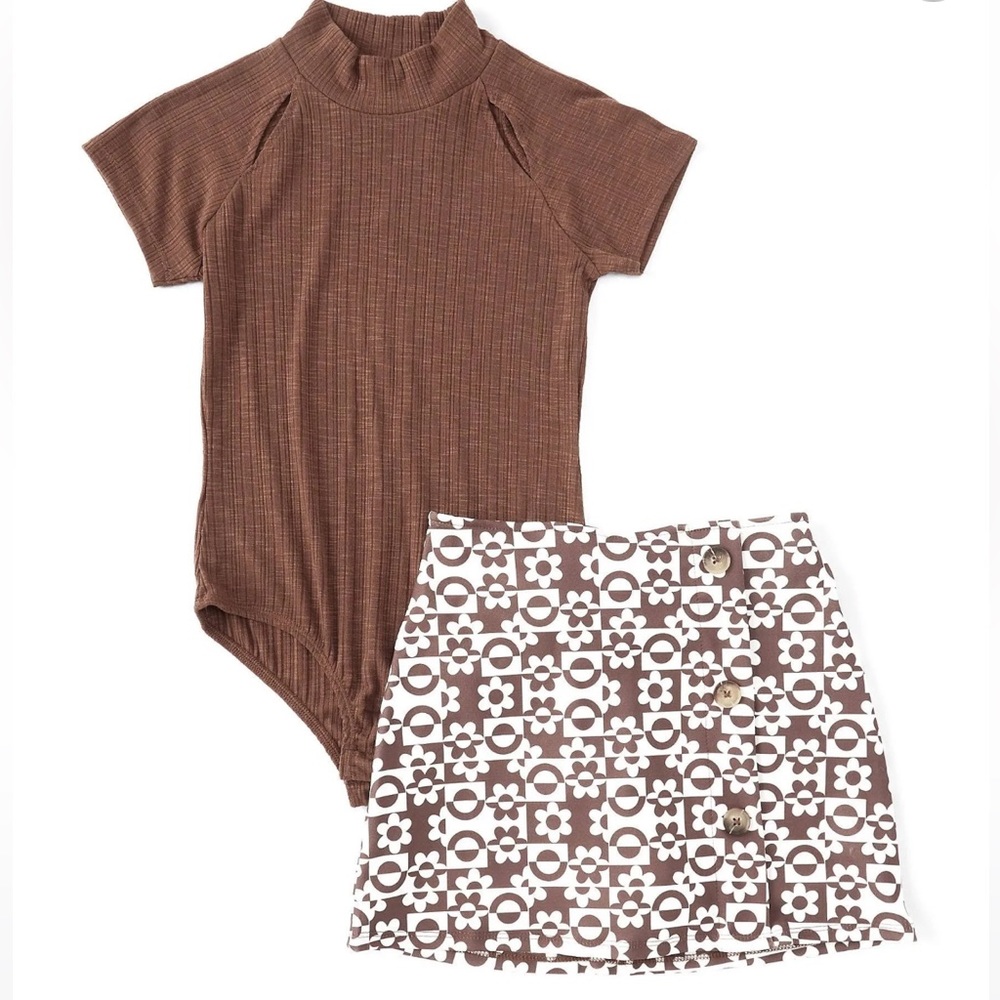Xtraordinary Girls Short Sleeve Bodysuit Printed A-Line Skirt 2-Piece Set